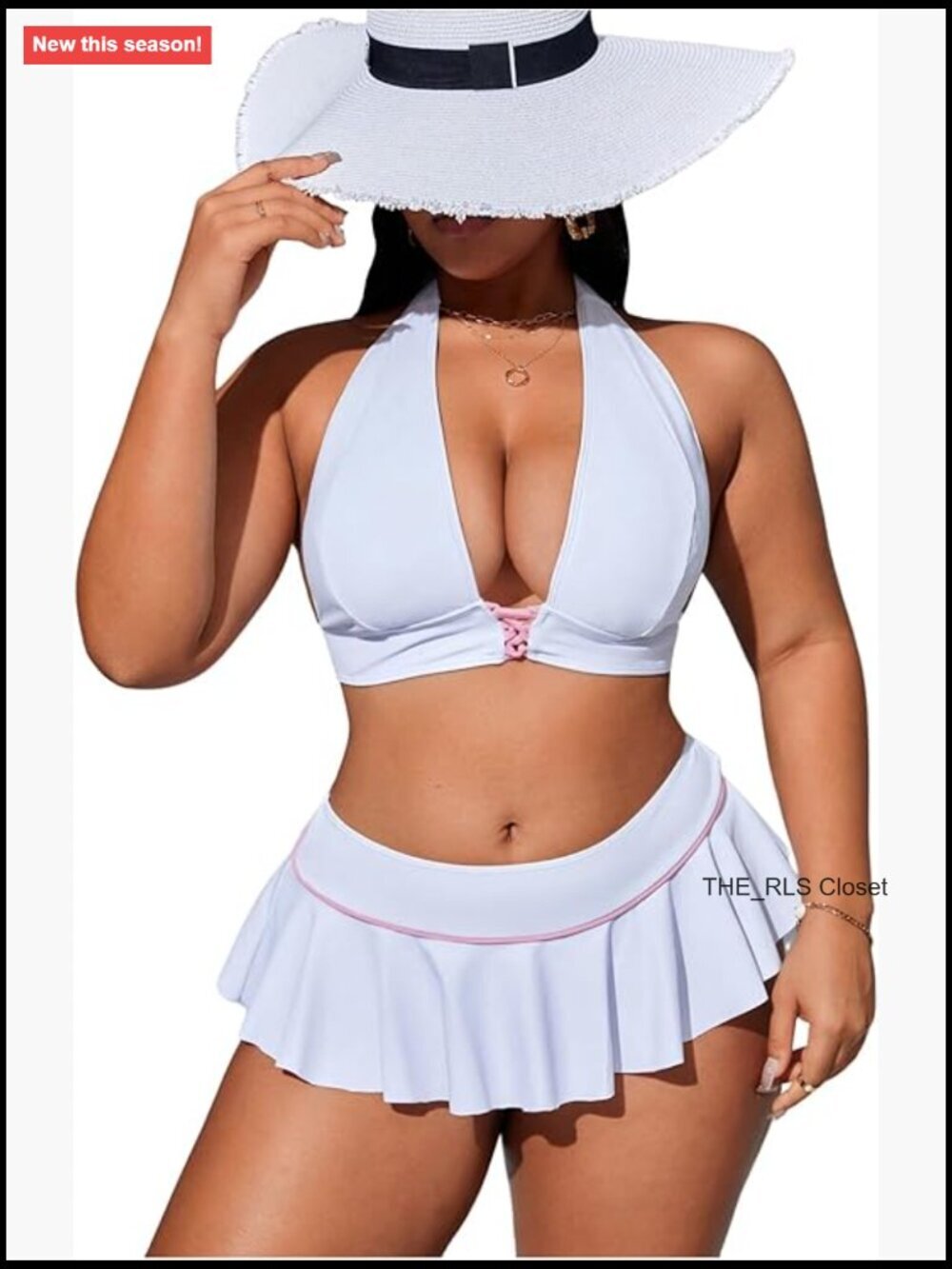 Plus Size Cherry Halter Bikini Set Layered Hem Skirt Bathing Suit